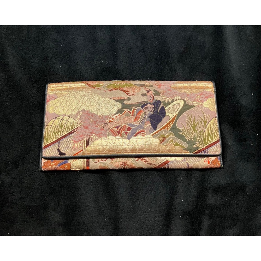 Vintage Japanese Silk Tapestry Wallet Women Gold Pink Traditional Brocade
